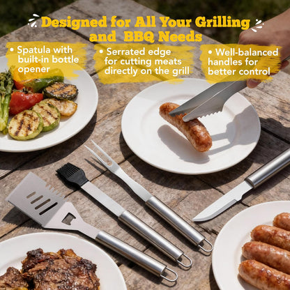 Custom Engraved Monogram Name Year BBQ Grill Tools, Wooden (SS) | Name Year Design, 5 Piece Kit, Stainless Steel Tongs, Spatula, Fork, Basting Brush, Knife, Fathers Day Gift