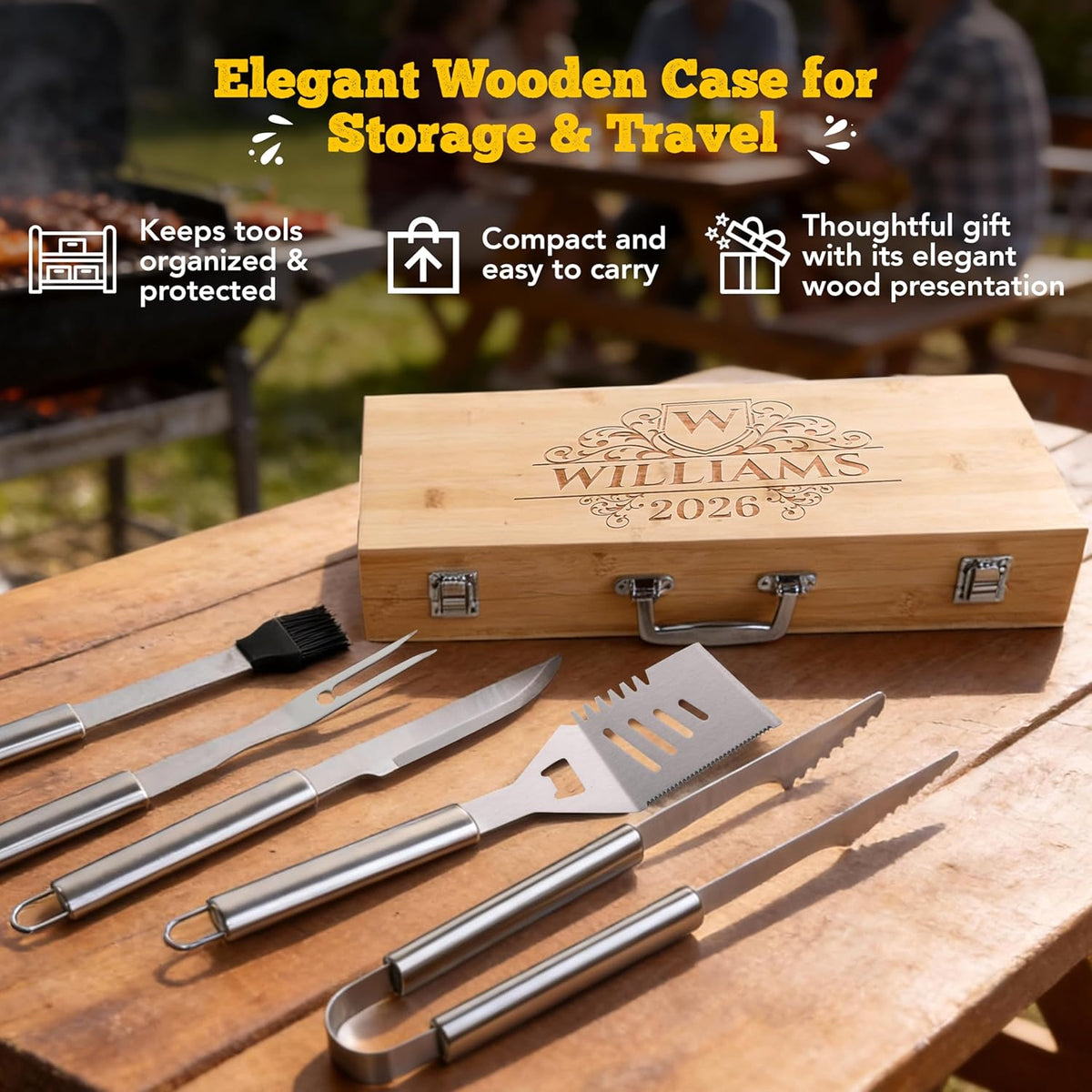 Custom Engraved Monogram Name Year BBQ Grill Tools, Wooden (SS) | Name Year Design, 5 Piece Kit, Stainless Steel Tongs, Spatula, Fork, Basting Brush, Knife, Fathers Day Gift