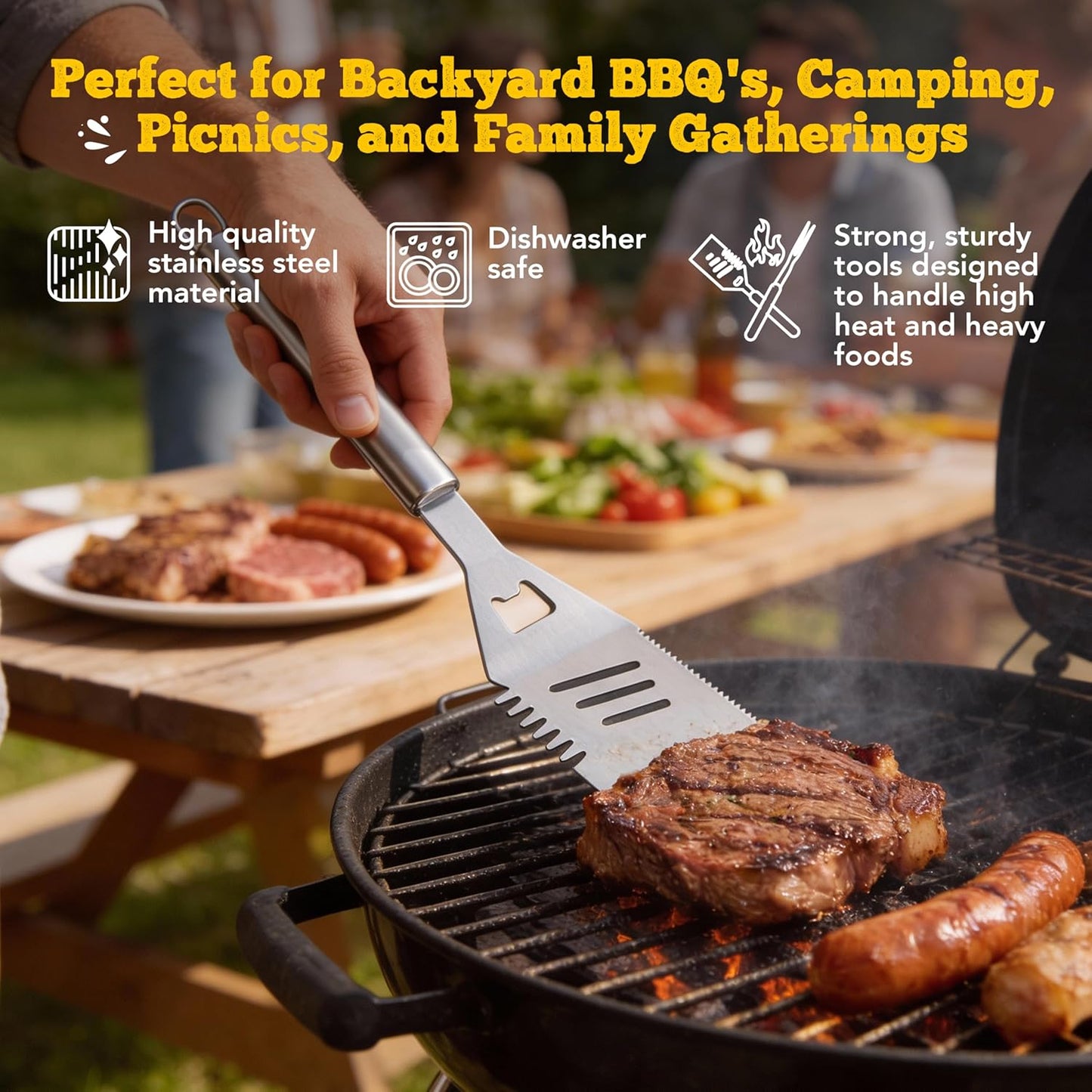 Custom Engraved Monogram Name Year BBQ Grill Tools, Wooden (SS) | Name Year Design, 5 Piece Kit, Stainless Steel Tongs, Spatula, Fork, Basting Brush, Knife, Fathers Day Gift