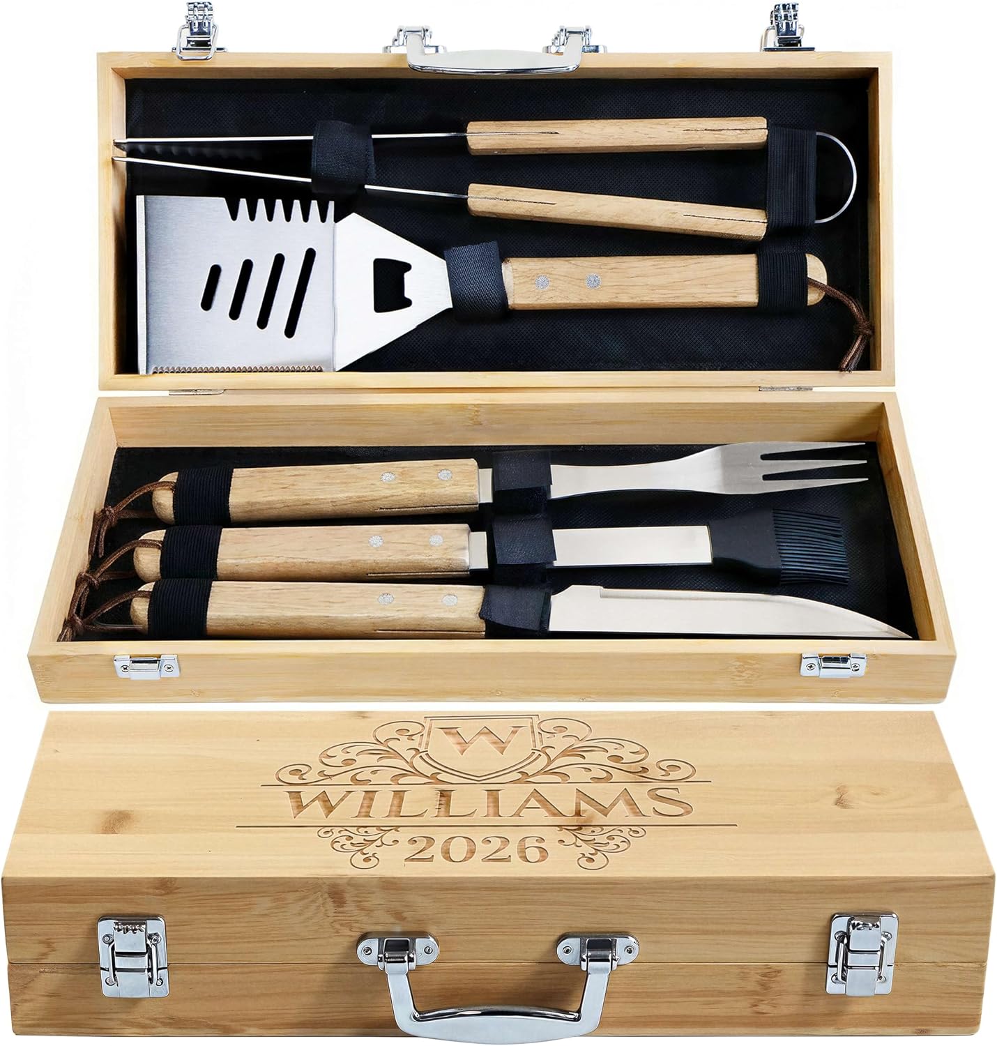 Custom Engraved Monogram Name Year BBQ Grill Tools, Wooden (SS) | Name Year Design, 5 Piece Kit, Stainless Steel Tongs, Spatula, Fork, Basting Brush, Knife, Fathers Day Gift