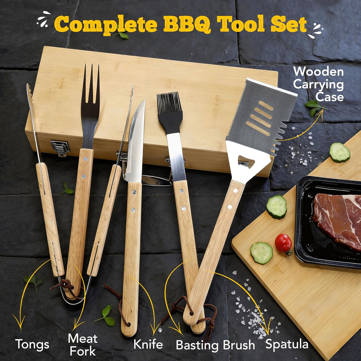 Custom Engraved Monogram Name Year BBQ Grill Tools, Wooden (SS) | Name Year Design, 5 Piece Kit, Stainless Steel Tongs, Spatula, Fork, Basting Brush, Knife, Fathers Day Gift