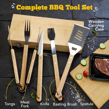 Custom Engraved Monogram Name Year BBQ Grill Tools, Wooden (SS) | Name Year Design, 5 Piece Kit, Stainless Steel Tongs, Spatula, Fork, Basting Brush, Knife, Fathers Day Gift