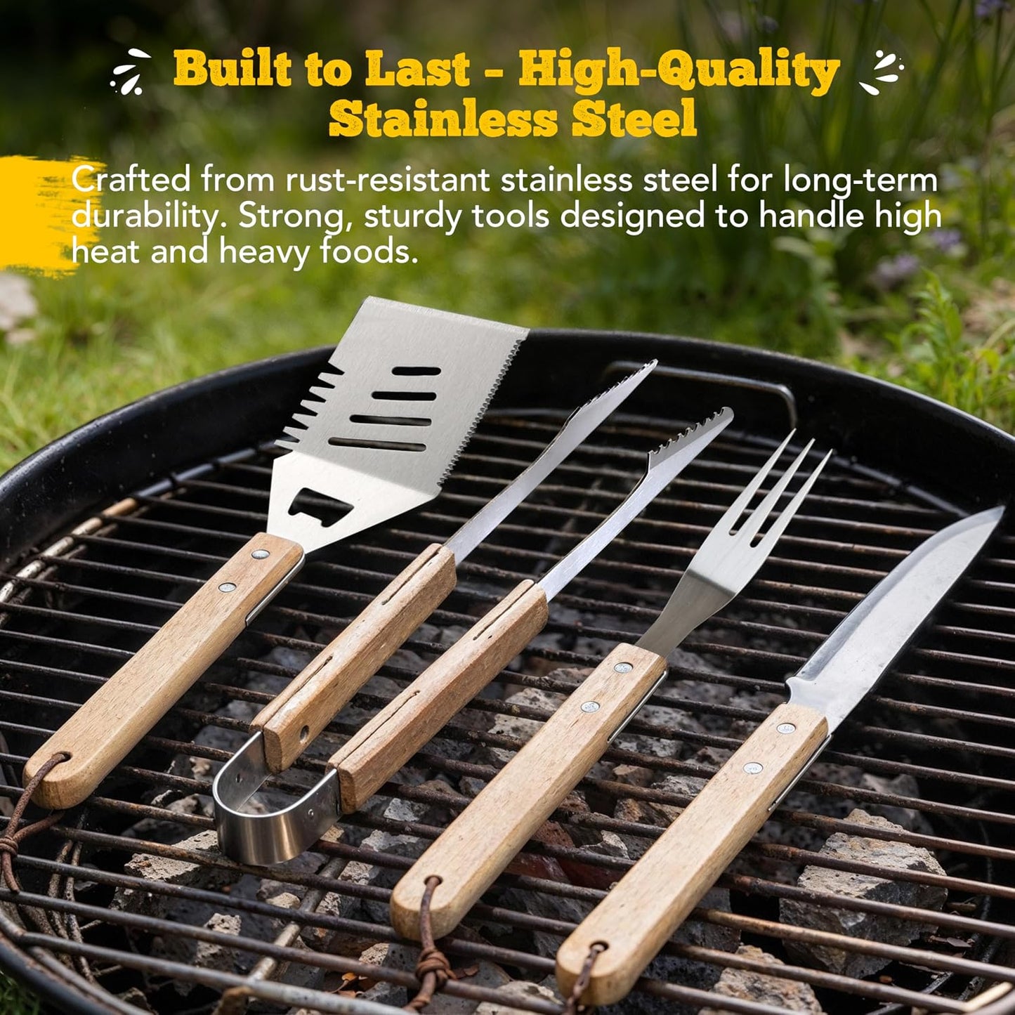 Custom Engraved Monogram Name Year BBQ Grill Tools, Wooden (SS) | Name Year Design, 5 Piece Kit, Stainless Steel Tongs, Spatula, Fork, Basting Brush, Knife, Fathers Day Gift