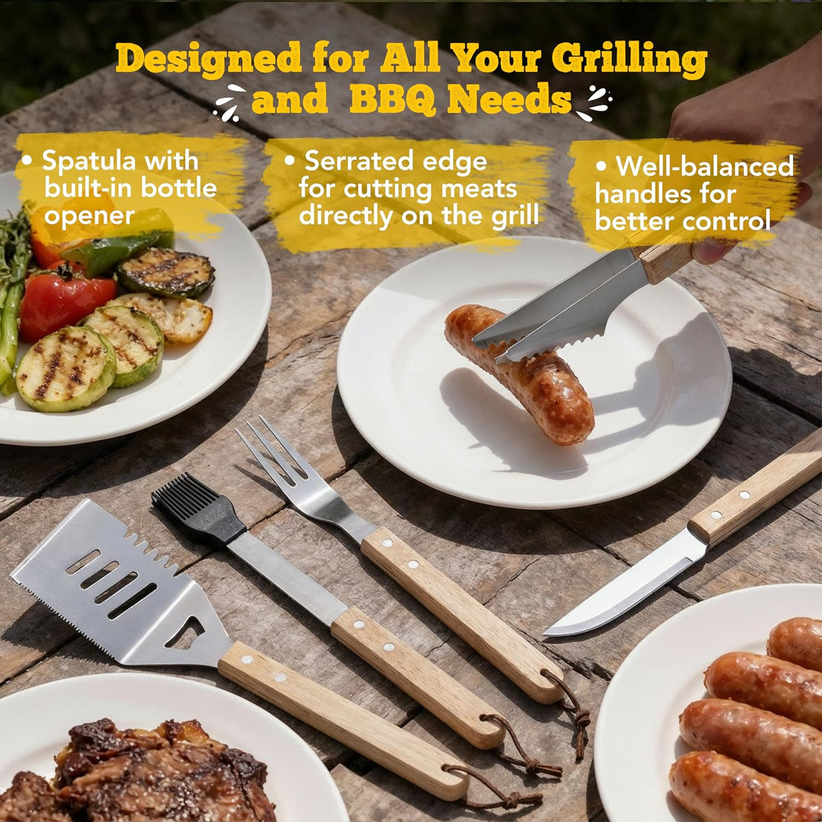 Custom Engraved Monogram Name Year BBQ Grill Tools, Wooden (SS) | Name Year Design, 5 Piece Kit, Stainless Steel Tongs, Spatula, Fork, Basting Brush, Knife, Fathers Day Gift