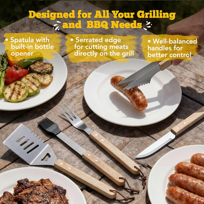 Custom Engraved Monogram Name Year BBQ Grill Tools, Wooden (SS) | Name Year Design, 5 Piece Kit, Stainless Steel Tongs, Spatula, Fork, Basting Brush, Knife, Fathers Day Gift