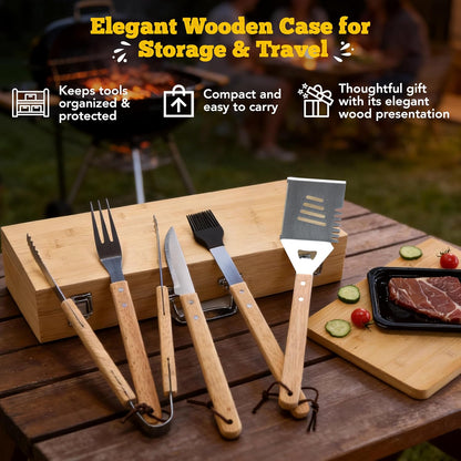 Custom Engraved Monogram Name Year BBQ Grill Tools, Wooden (SS) | Name Year Design, 5 Piece Kit, Stainless Steel Tongs, Spatula, Fork, Basting Brush, Knife, Fathers Day Gift