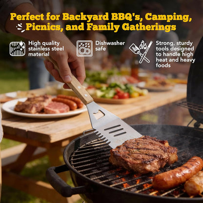 Custom Engraved Monogram Name Year BBQ Grill Tools, Wooden (SS) | Name Year Design, 5 Piece Kit, Stainless Steel Tongs, Spatula, Fork, Basting Brush, Knife, Fathers Day Gift
