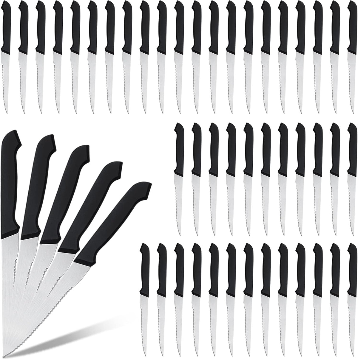 50 Pieces 8.8 Inch Serrated Steak Knife Set Pointed Tip Stainless Steel Steak Knife Sharp Blade Flatware for Kitchen Restaurant Camping (Black Plastic Handle)