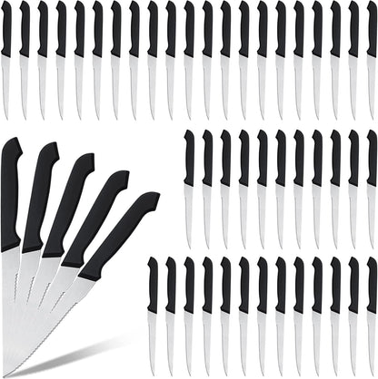 50 Pieces 8.8 Inch Serrated Steak Knife Set Pointed Tip Stainless Steel Steak Knife Sharp Blade Flatware for Kitchen Restaurant Camping (Black Plastic Handle)