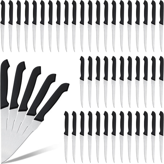 50 Pieces 8.8 Inch Serrated Steak Knife Set Pointed Tip Stainless Steel Steak Knife Sharp Blade Flatware for Kitchen Restaurant Camping (Black Plastic Handle)