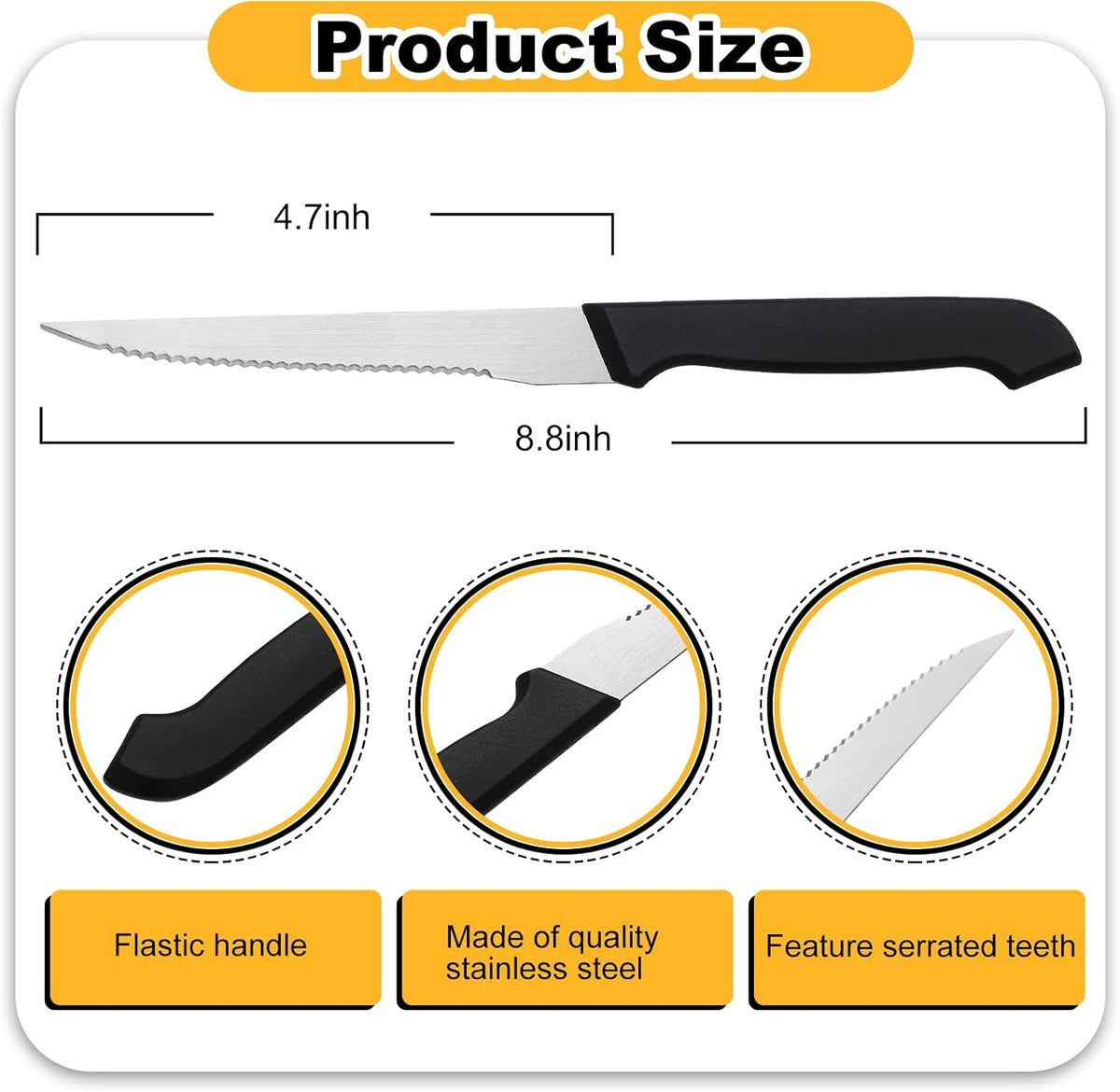 50 Pieces 8.8 Inch Serrated Steak Knife Set Pointed Tip Stainless Steel Steak Knife Sharp Blade Flatware for Kitchen Restaurant Camping (Black Plastic Handle)