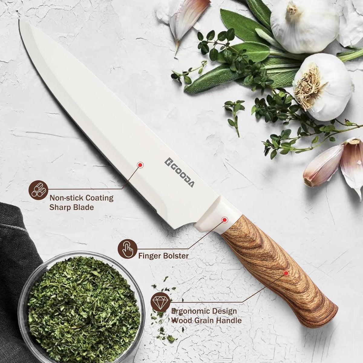 Knife Set,GOODA 9 Piece Kitchen Knife Set with Block and Sharpener, Anti-Rust Stainless Steel Cooking Knives Set for Kitchen, Chef Knife Block Set
