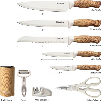 Knife Set,GOODA 9 Piece Kitchen Knife Set with Block and Sharpener, Anti-Rust Stainless Steel Cooking Knives Set for Kitchen, Chef Knife Block Set