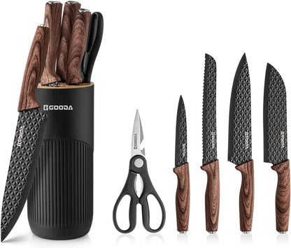 Knife Set,GOODA 9 Piece Kitchen Knife Set with Block and Sharpener, Anti-Rust Stainless Steel Cooking Knives Set for Kitchen, Chef Knife Block Set