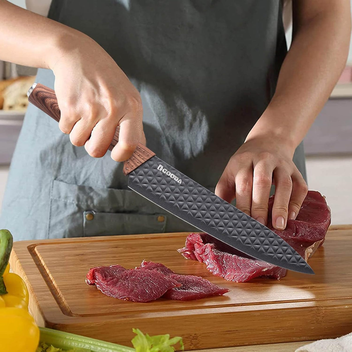 Knife Set,GOODA 9 Piece Kitchen Knife Set with Block and Sharpener, Anti-Rust Stainless Steel Cooking Knives Set for Kitchen, Chef Knife Block Set