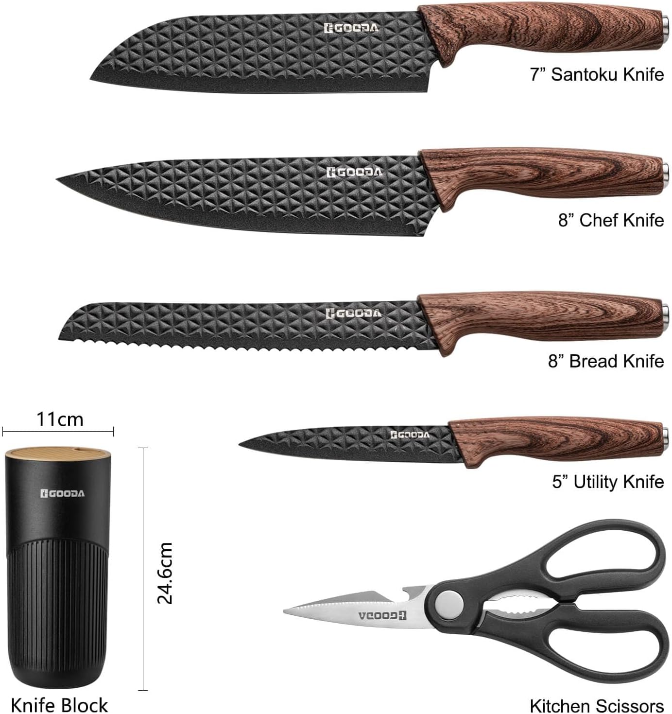 Knife Set,GOODA 9 Piece Kitchen Knife Set with Block and Sharpener, Anti-Rust Stainless Steel Cooking Knives Set for Kitchen, Chef Knife Block Set