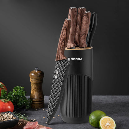 Knife Set,GOODA 9 Piece Kitchen Knife Set with Block and Sharpener, Anti-Rust Stainless Steel Cooking Knives Set for Kitchen, Chef Knife Block Set