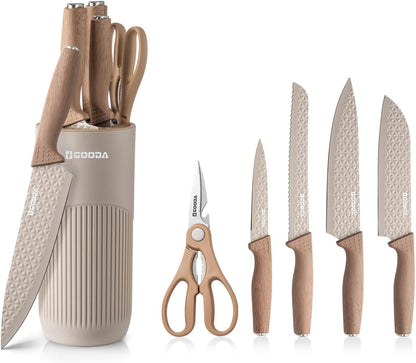 Knife Set,GOODA 9 Piece Kitchen Knife Set with Block and Sharpener, Anti-Rust Stainless Steel Cooking Knives Set for Kitchen, Chef Knife Block Set