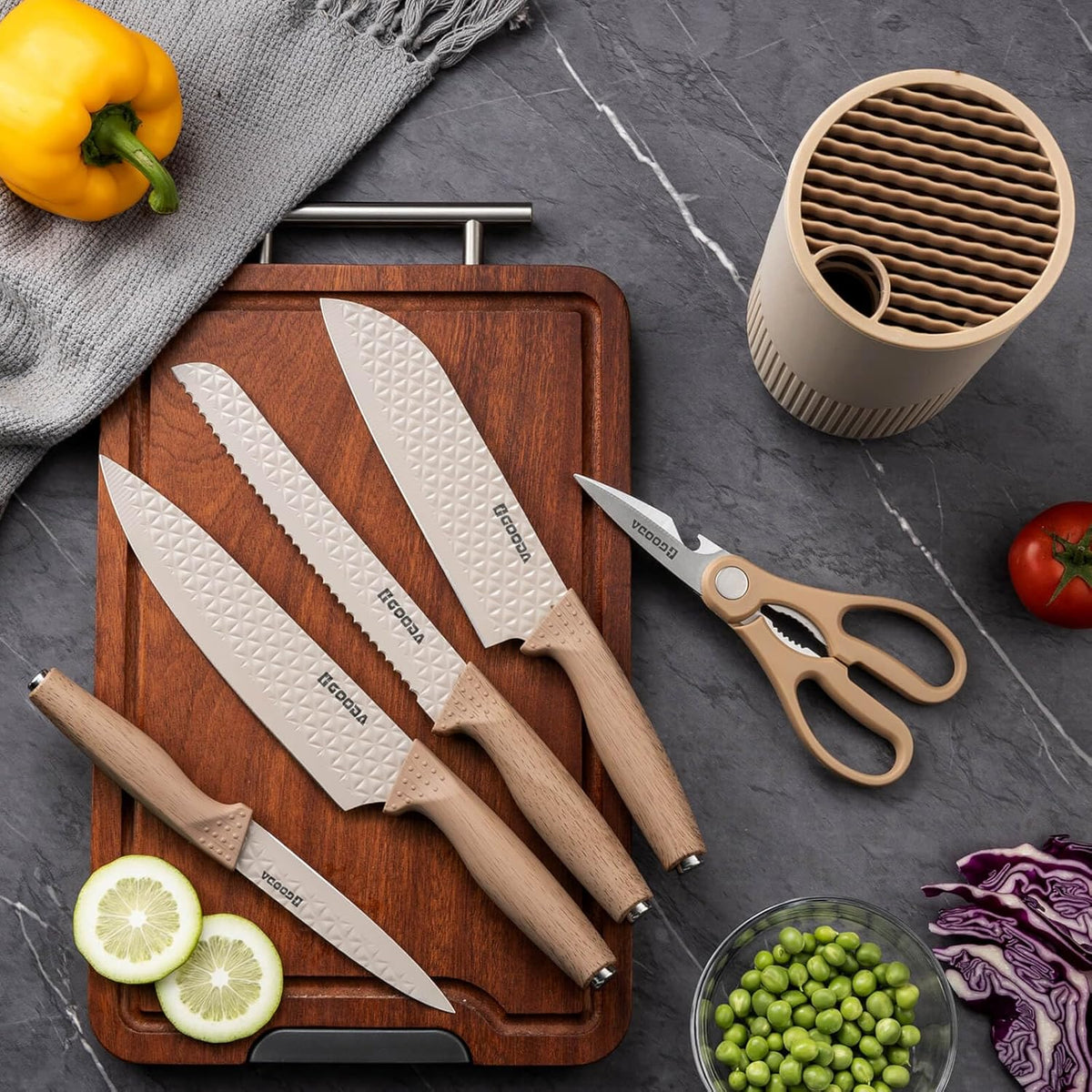Knife Set,GOODA 9 Piece Kitchen Knife Set with Block and Sharpener, Anti-Rust Stainless Steel Cooking Knives Set for Kitchen, Chef Knife Block Set