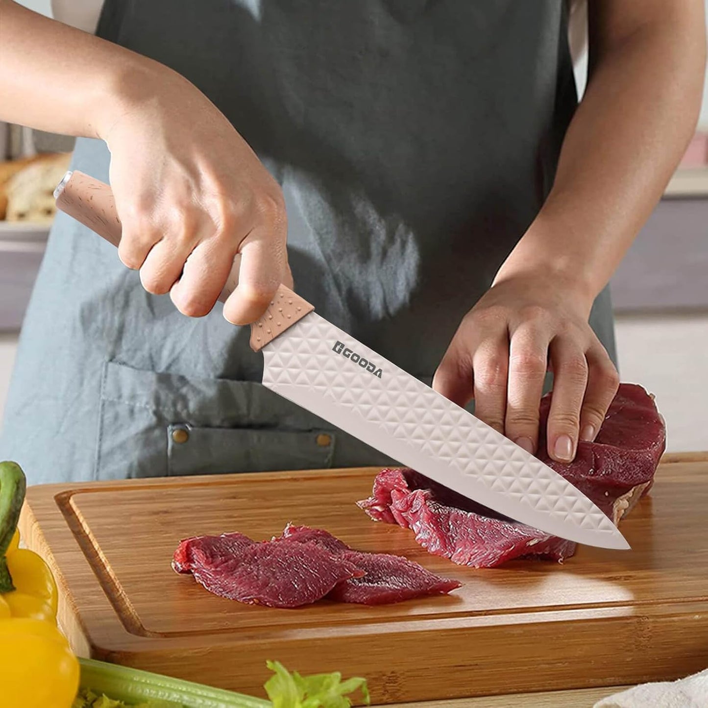 Knife Set,GOODA 9 Piece Kitchen Knife Set with Block and Sharpener, Anti-Rust Stainless Steel Cooking Knives Set for Kitchen, Chef Knife Block Set