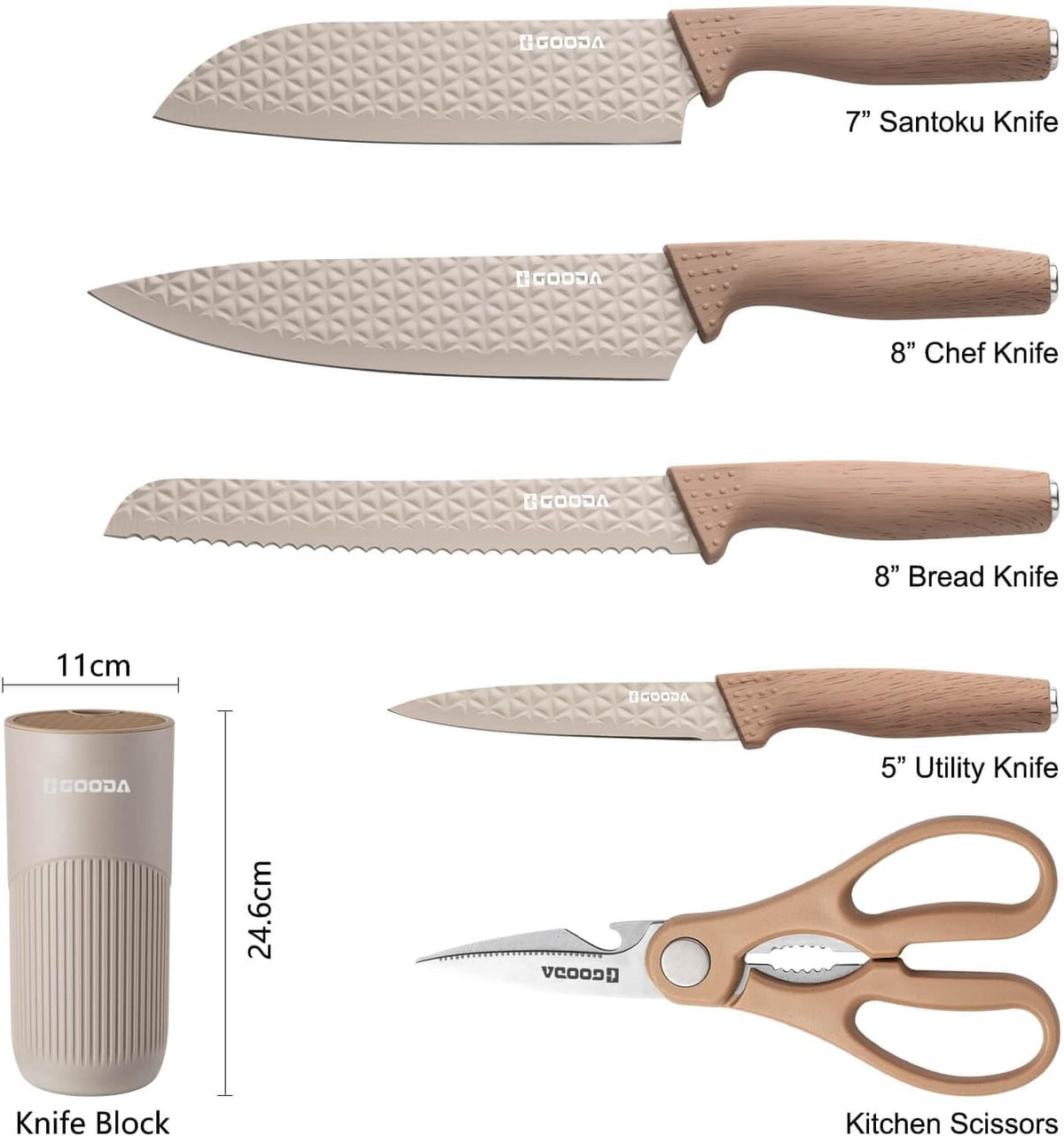 Knife Set,GOODA 9 Piece Kitchen Knife Set with Block and Sharpener, Anti-Rust Stainless Steel Cooking Knives Set for Kitchen, Chef Knife Block Set