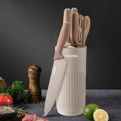 Knife Set,GOODA 9 Piece Kitchen Knife Set with Block and Sharpener, Anti-Rust Stainless Steel Cooking Knives Set for Kitchen, Chef Knife Block Set