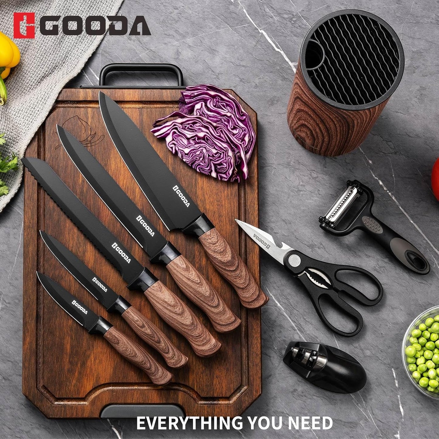 Knife Set,GOODA 9 Piece Kitchen Knife Set with Block and Sharpener, Anti-Rust Stainless Steel Cooking Knives Set for Kitchen, Chef Knife Block Set