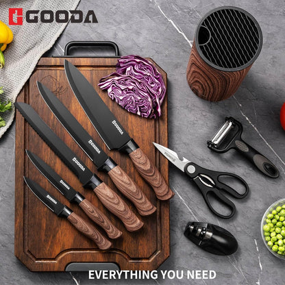 Knife Set,GOODA 9 Piece Kitchen Knife Set with Block and Sharpener, Anti-Rust Stainless Steel Cooking Knives Set for Kitchen, Chef Knife Block Set