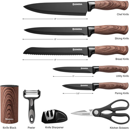 Knife Set,GOODA 9 Piece Kitchen Knife Set with Block and Sharpener, Anti-Rust Stainless Steel Cooking Knives Set for Kitchen, Chef Knife Block Set