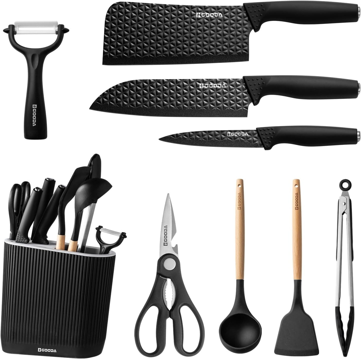 Knife Set,GOODA 9 Piece Kitchen Knife Set with Block and Sharpener, Anti-Rust Stainless Steel Cooking Knives Set for Kitchen, Chef Knife Block Set