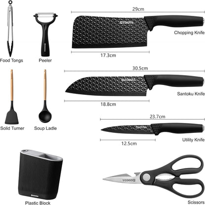 Knife Set,GOODA 9 Piece Kitchen Knife Set with Block and Sharpener, Anti-Rust Stainless Steel Cooking Knives Set for Kitchen, Chef Knife Block Set