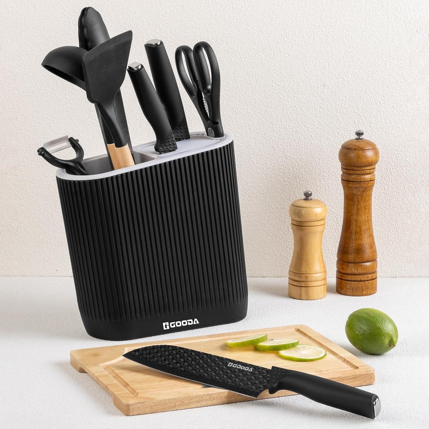 Knife Set,GOODA 9 Piece Kitchen Knife Set with Block and Sharpener, Anti-Rust Stainless Steel Cooking Knives Set for Kitchen, Chef Knife Block Set