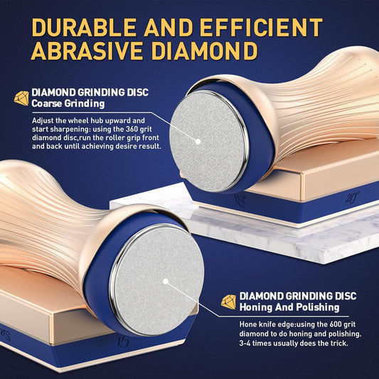 Rolling Knife Sharpener, Knife Sharpening with Industry Diamonds for Steel of any hardness, Made Easy Knife Sharpener Kit for Kitchen Knives, Offers 15 & 18 & 20 & 25 Degree Sharpening