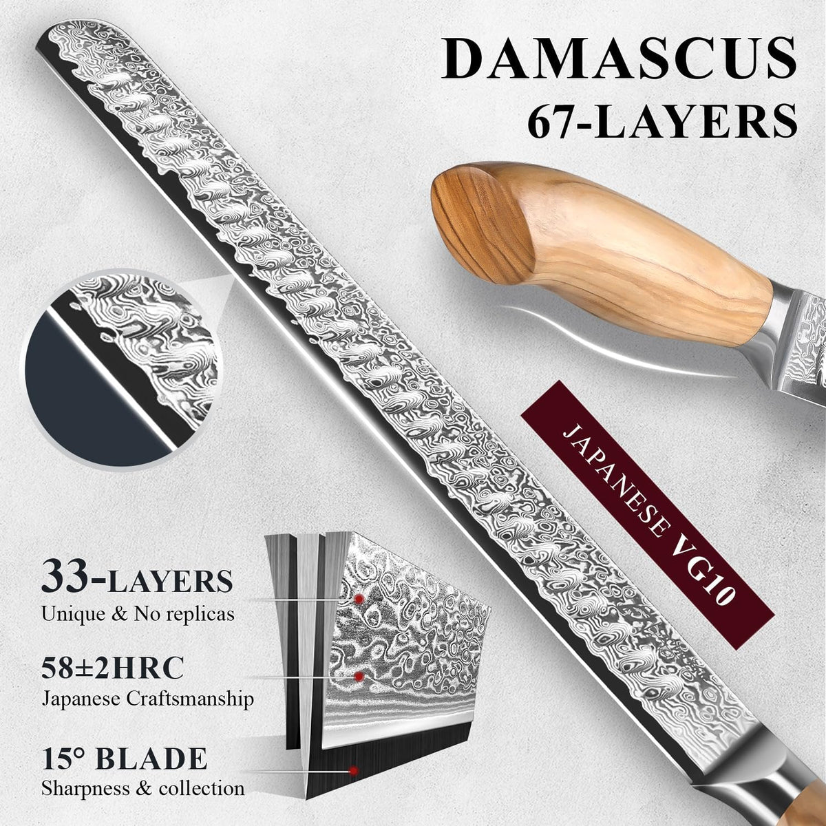 Damascus Brisket Slicing Knife, 12" Carving Knife with Japanese Steel, Olive Wood Handle, Luxury Wooden Gift Box, Razor Sharp for Meat & Turkey