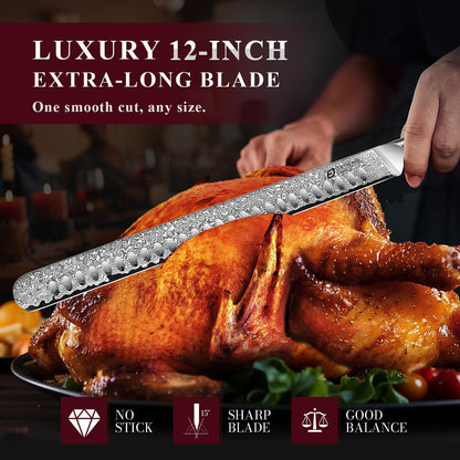 Damascus Brisket Slicing Knife, 12" Carving Knife with Japanese Steel, Olive Wood Handle, Luxury Wooden Gift Box, Razor Sharp for Meat & Turkey