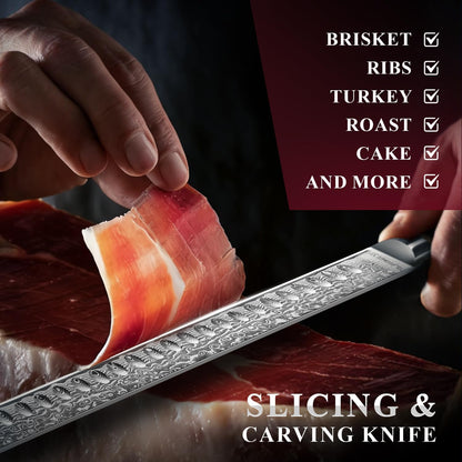 Damascus Brisket Slicing Knife, 12" Carving Knife with Japanese Steel, Olive Wood Handle, Luxury Wooden Gift Box, Razor Sharp for Meat & Turkey