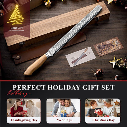 Damascus Brisket Slicing Knife, 12" Carving Knife with Japanese Steel, Olive Wood Handle, Luxury Wooden Gift Box, Razor Sharp for Meat & Turkey