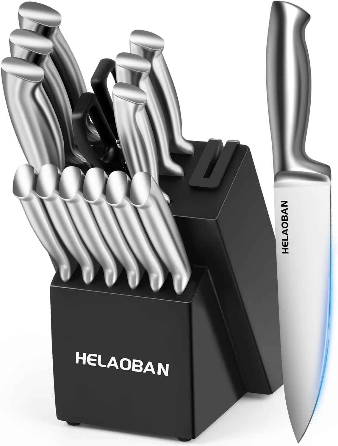 Kitchen Knife Set with Block and Sharpener, 14-Piece | High Carbon Stainless Steel, One-Piece Ergonomic Design, Wooden Black