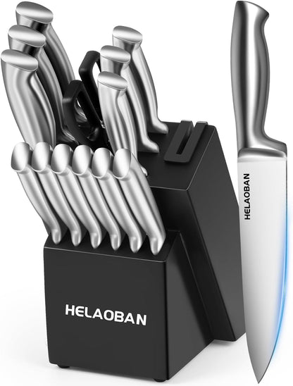 Kitchen Knife Set with Block and Sharpener, 14-Piece | High Carbon Stainless Steel, One-Piece Ergonomic Design, Wooden Black