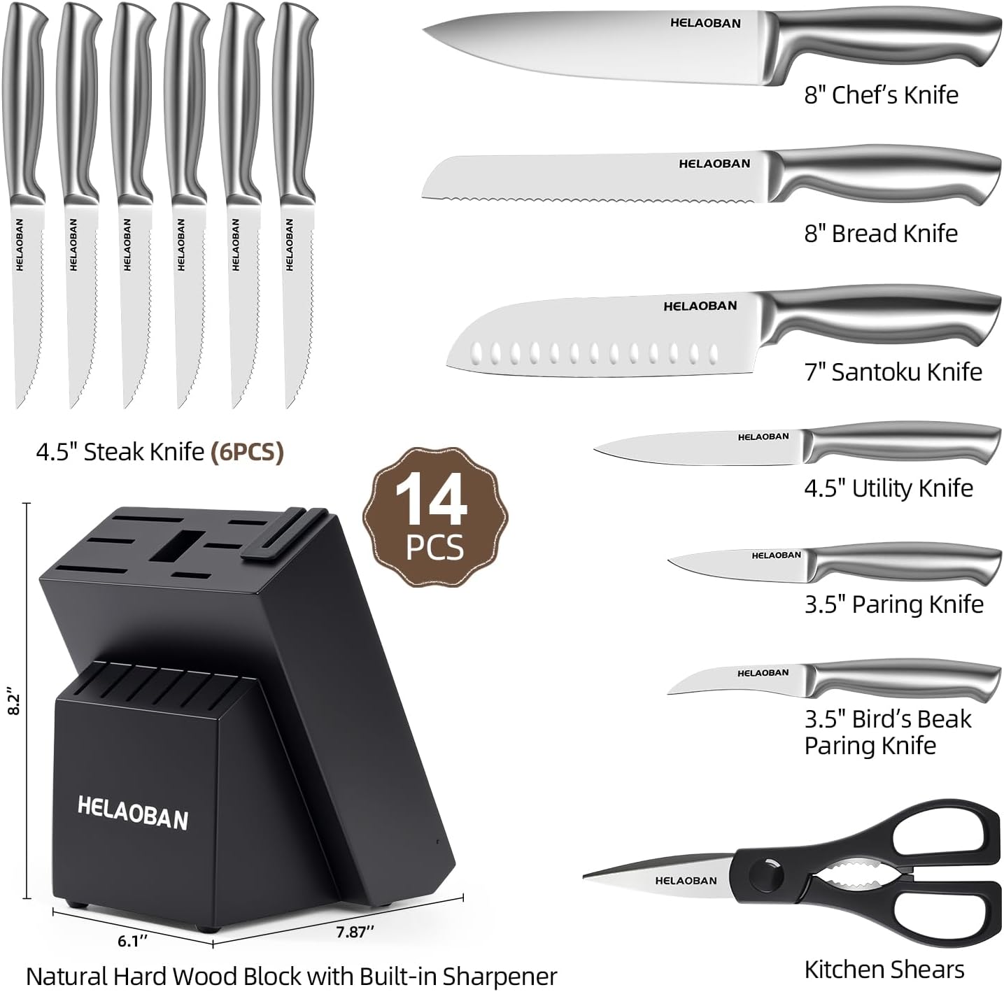 Kitchen Knife Set with Block and Sharpener, 14-Piece | High Carbon Stainless Steel, One-Piece Ergonomic Design, Wooden Black