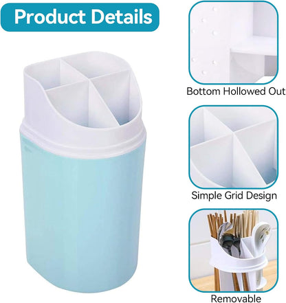 Kitchen Utensil Holder with Cover, 4 Compartment Wall-Mounted Countertop Plastic Silverware Holder Utensil Drying Rack for Cutlery, Chopstick, Spoons, Forks, Knives(Blue)