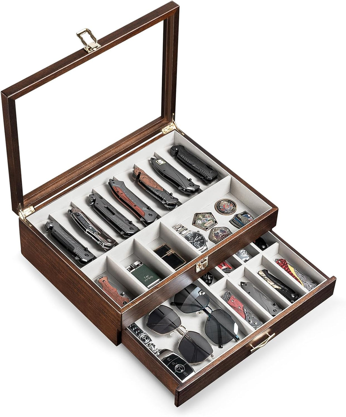 Pocket Knife Display Case for Collection of 18-24 Folding Knives, Pocket Case with Real Glass Window Top, Two-Tier Knife Organizer Storage Box, Men's Gift (Walnut)