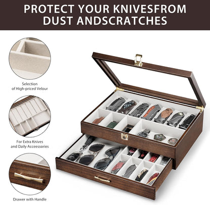 Pocket Knife Display Case for Collection of 18-24 Folding Knives, Pocket Case with Real Glass Window Top, Two-Tier Knife Organizer Storage Box, Men's Gift (Walnut)