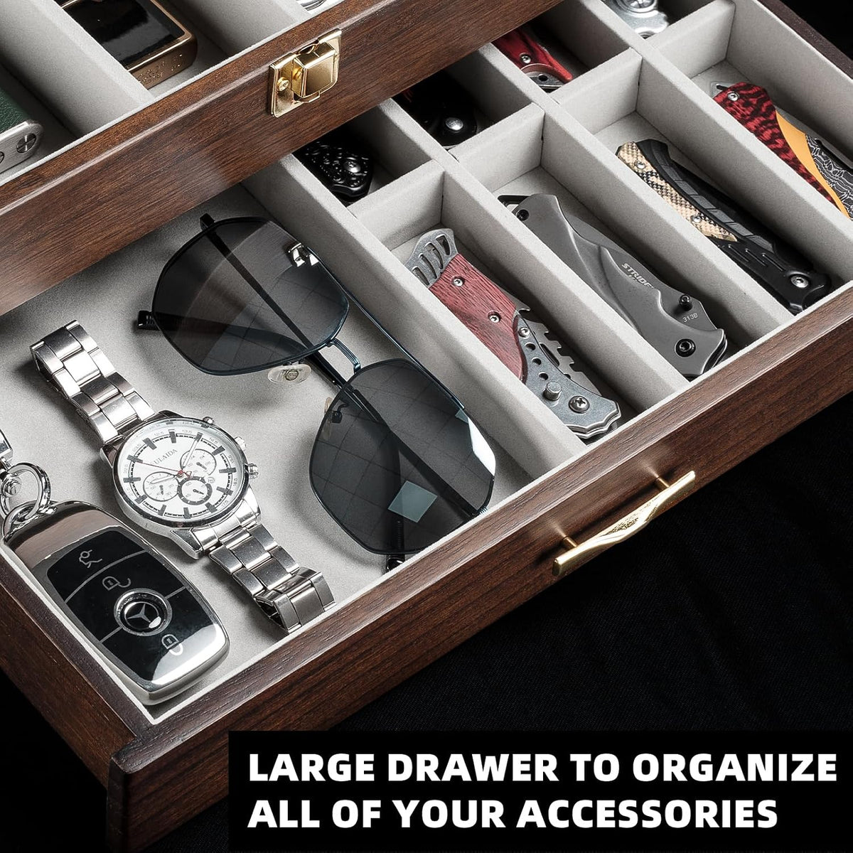 Pocket Knife Display Case for Collection of 18-24 Folding Knives, Pocket Case with Real Glass Window Top, Two-Tier Knife Organizer Storage Box, Men's Gift (Walnut)