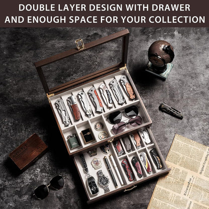 Pocket Knife Display Case for Collection of 18-24 Folding Knives, Pocket Case with Real Glass Window Top, Two-Tier Knife Organizer Storage Box, Men's Gift (Walnut)