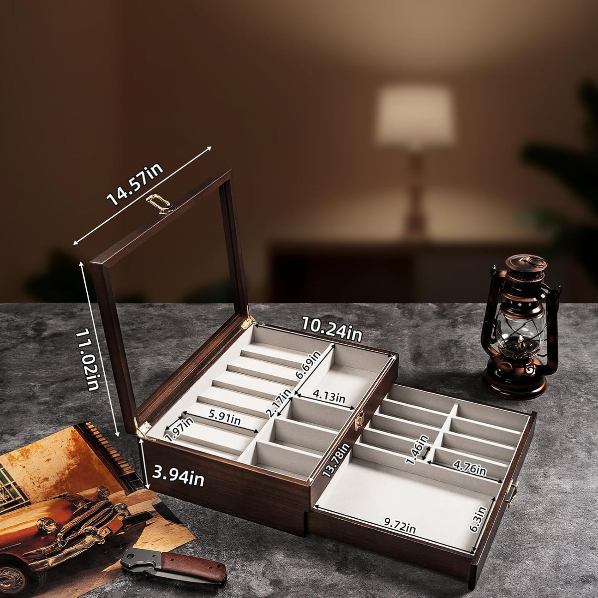 Pocket Knife Display Case for Collection of 18-24 Folding Knives, Pocket Case with Real Glass Window Top, Two-Tier Knife Organizer Storage Box, Men's Gift (Walnut)