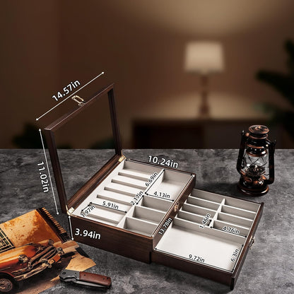 Pocket Knife Display Case for Collection of 18-24 Folding Knives, Pocket Case with Real Glass Window Top, Two-Tier Knife Organizer Storage Box, Men's Gift (Walnut)