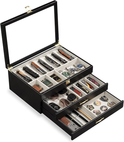Pocket Knife Display Case for Collection of 18-24 Folding Knives, Pocket Case with Real Glass Window Top, Two-Tier Knife Organizer Storage Box, Men's Gift (Walnut)