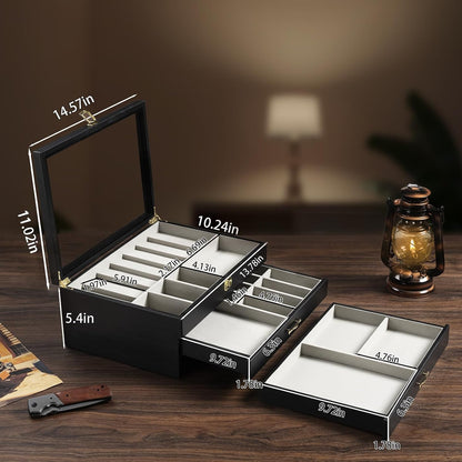 Pocket Knife Display Case for Collection of 18-24 Folding Knives, Pocket Case with Real Glass Window Top, Two-Tier Knife Organizer Storage Box, Men's Gift (Walnut)