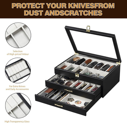 Pocket Knife Display Case for Collection of 18-24 Folding Knives, Pocket Case with Real Glass Window Top, Two-Tier Knife Organizer Storage Box, Men's Gift (Walnut)
